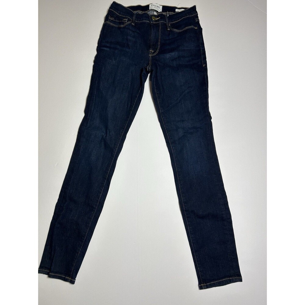 FRAME Women’s Mid Rise Skinny Jean Size 27X28 Dark Wash Stretch 8.5 Rise EUC!!!!